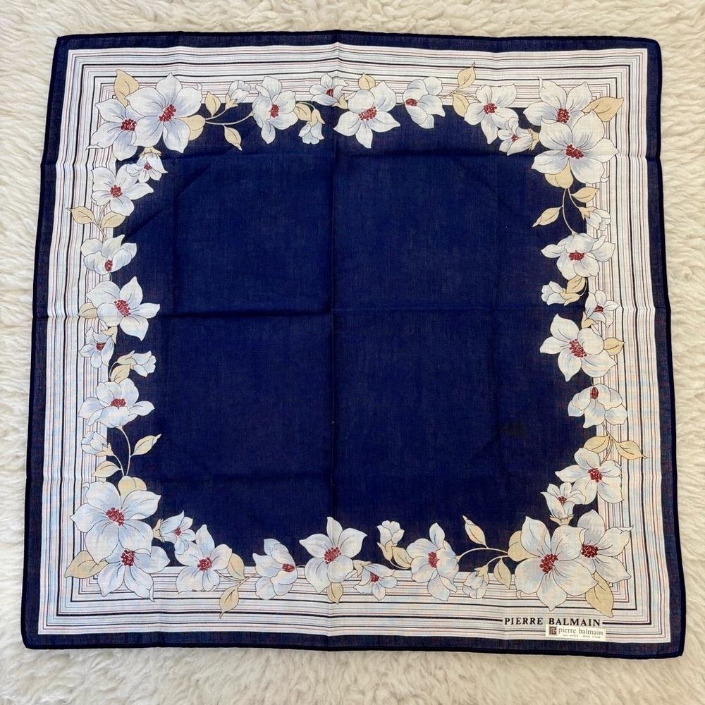 Pierre Balmain Navy/White/Cream Floral Handkerchief/Bandana Scarf size 17” - Picture 4 of 10